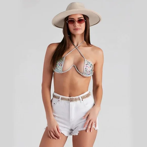 Windsor ✦ Major Glow Silver Embellished Halter Bra Top Gemstone Padded Tie‑Back - Picture 10 of 14